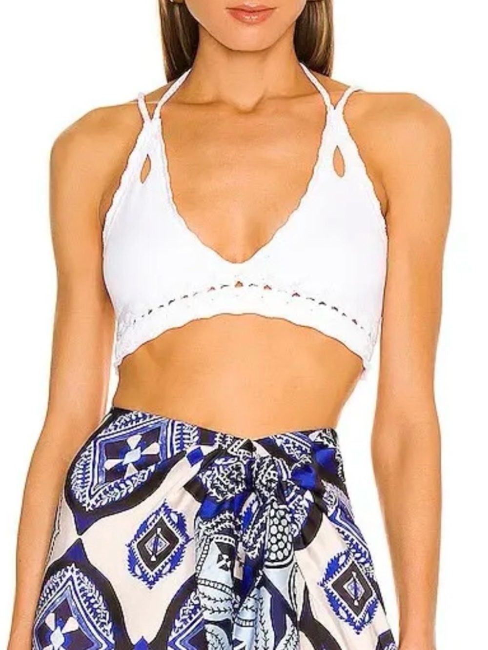 Alexis Buras Crochet Halter Bralette Top White Open Back Tassel Size L